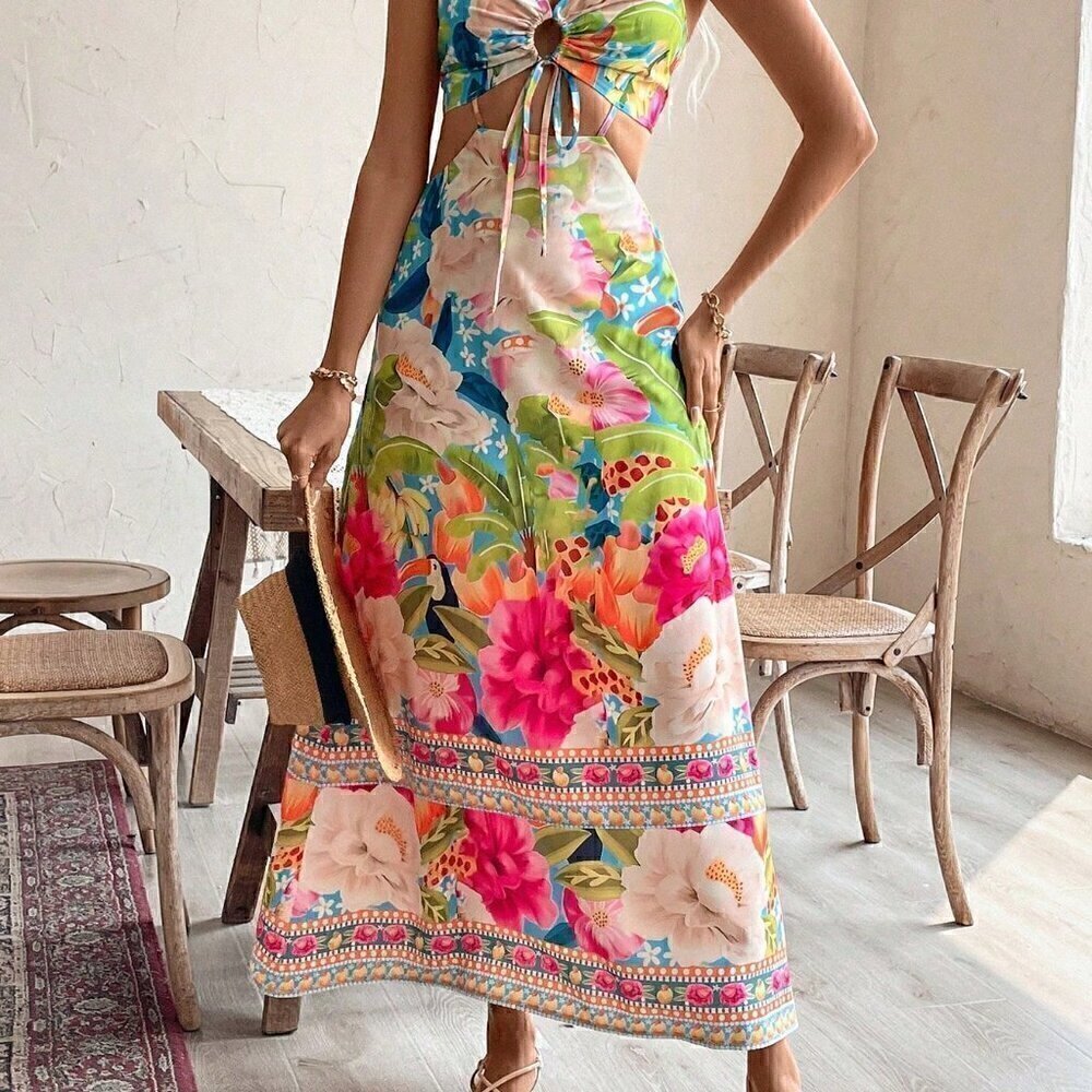 Multicolor Boho Women's Floral Print Hollow Out Backless Tie Strap Sundress - Picture 7 of 7